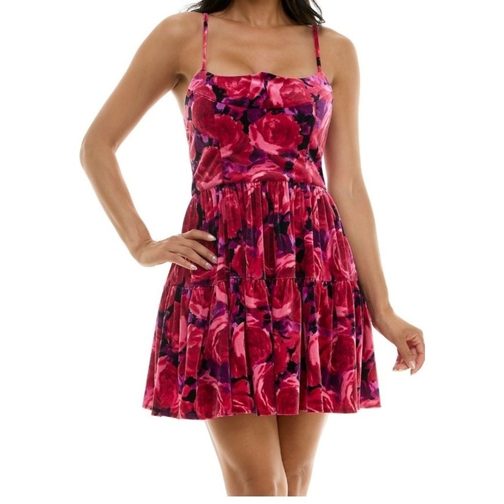 Junior Pink Purple Rose Floral Velvet Sweetheart Dance Party Glam Mini Dress 5/6